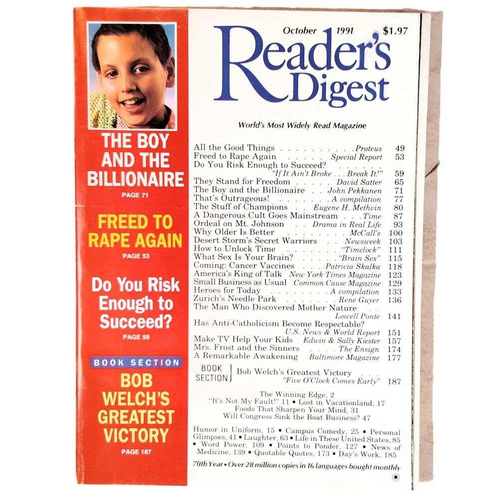 Reader's Digest October 1991 Vintage Magazine - The Boy and the Billionaire